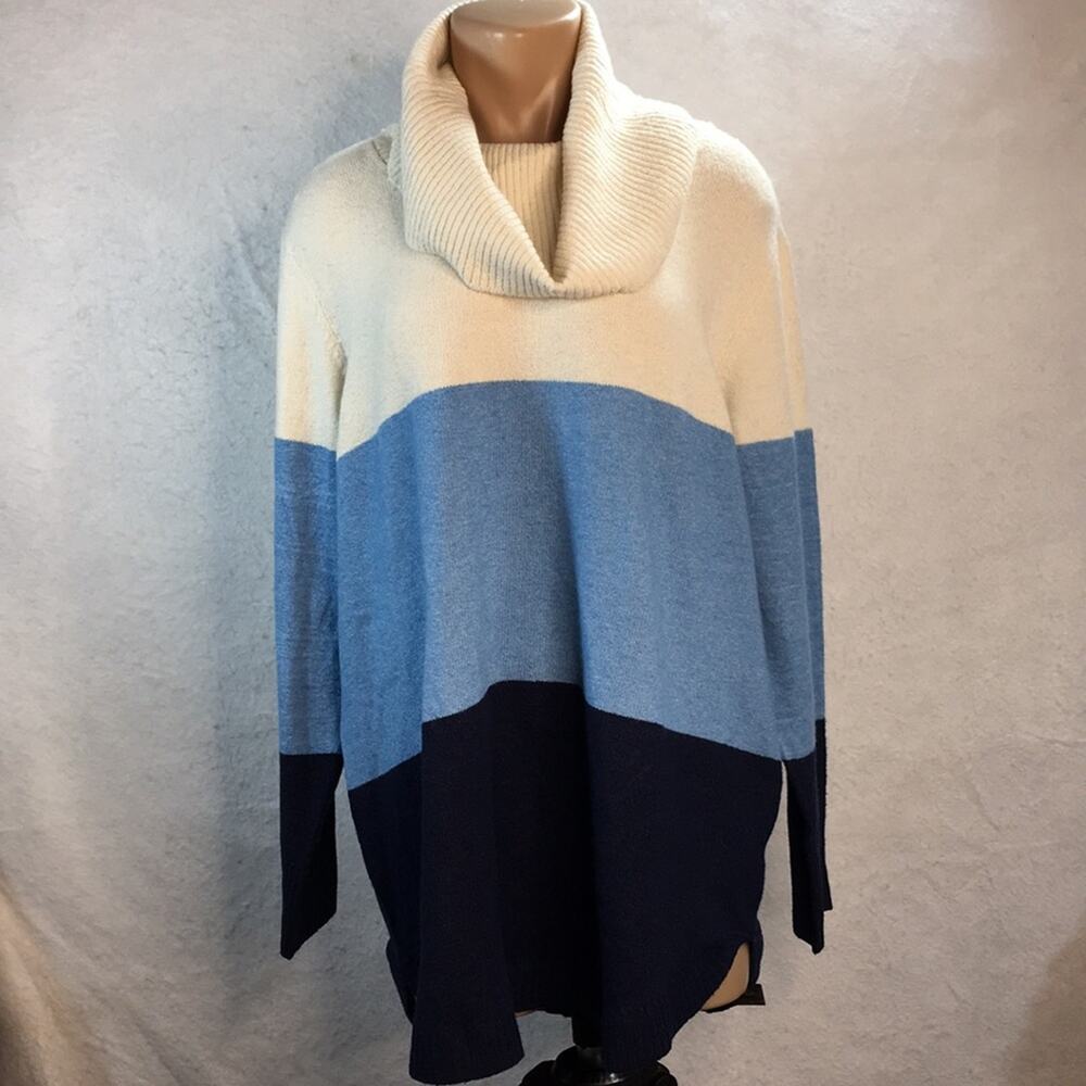 St. John's Bay Long Cowl Neck Sweater Women's 1X Blue & Cream Wide Stripes NWT‎